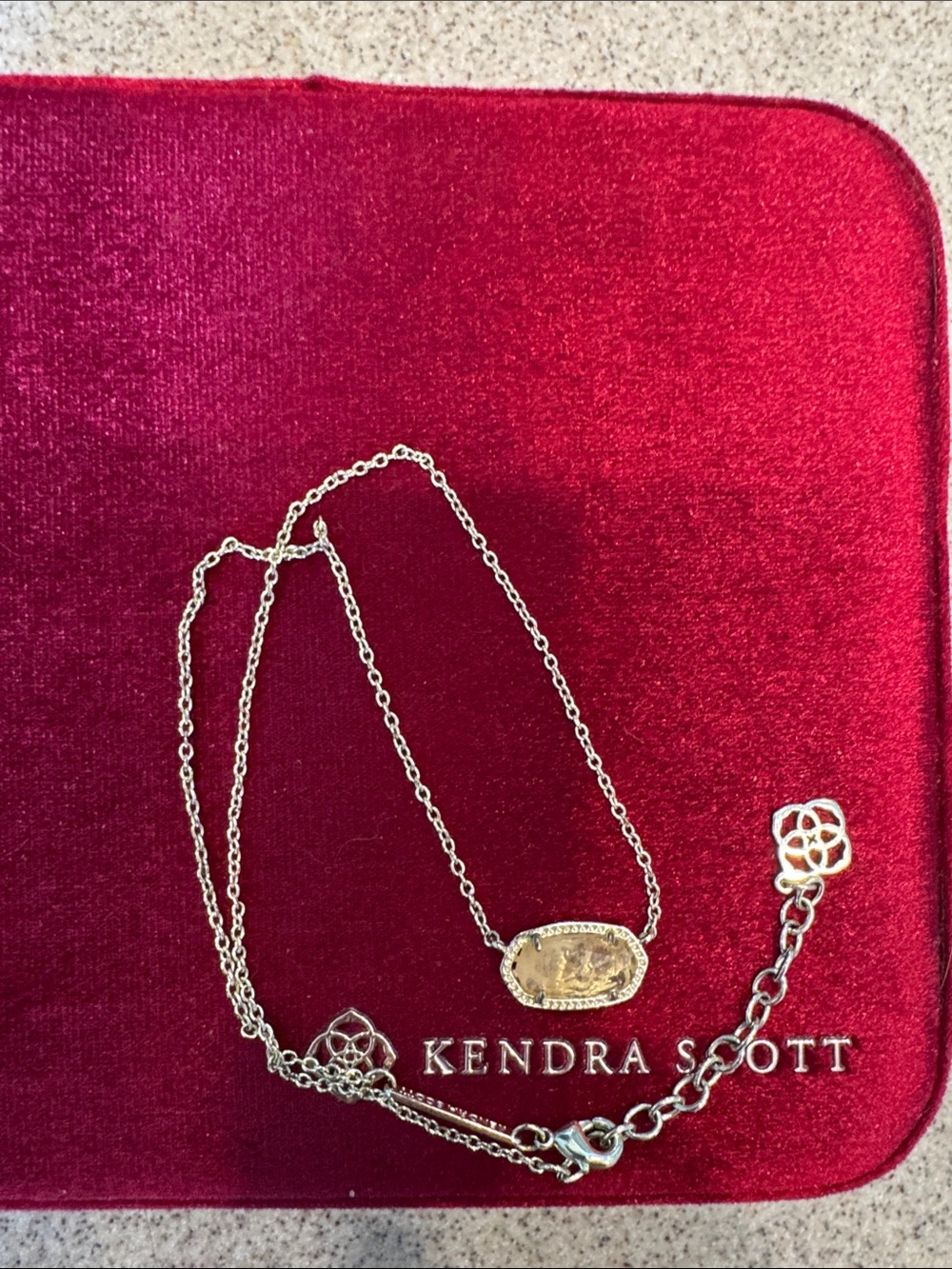Kendra Scott Silver Chain Necklace with Gold-Tone Oval Pendant - Pink Background